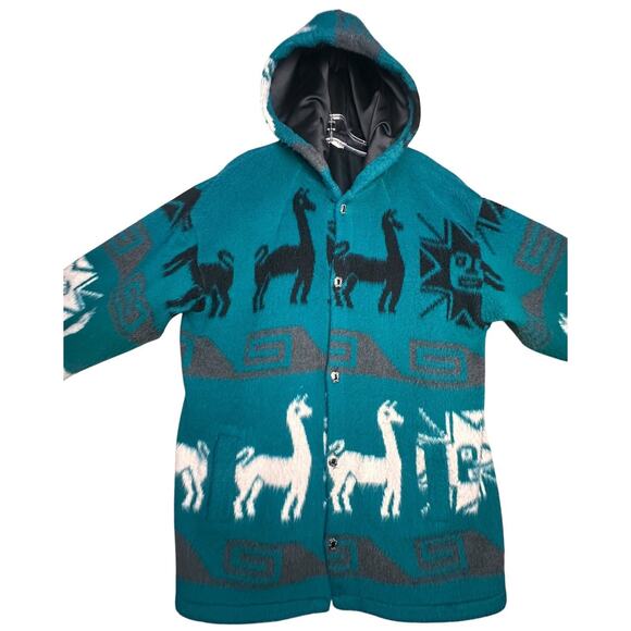 Vtg Alpaca Wool Llama Design Handmade Hooded Coat Jacket Andean Artisian Button - Picture 1 of 16